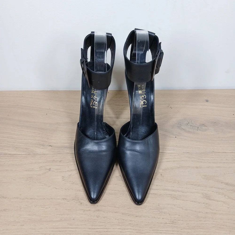 Gucci Heels Women 6B Black Leather Ankle Strap Pointed Toe Stiletto Dress Shoes